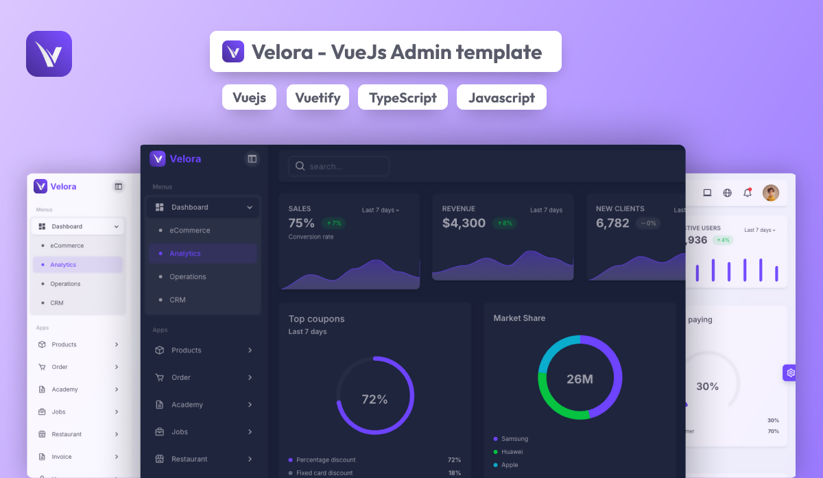 Velora - VueJs Admin Template (Vuetify 3 + VueJs 3 + Typescript & Javascript)