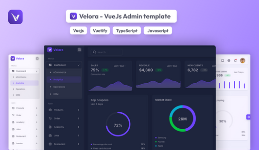 Velora - VueJs Admin Template (Vuetify 3 + VueJs 3 + Typescript & Javascript)